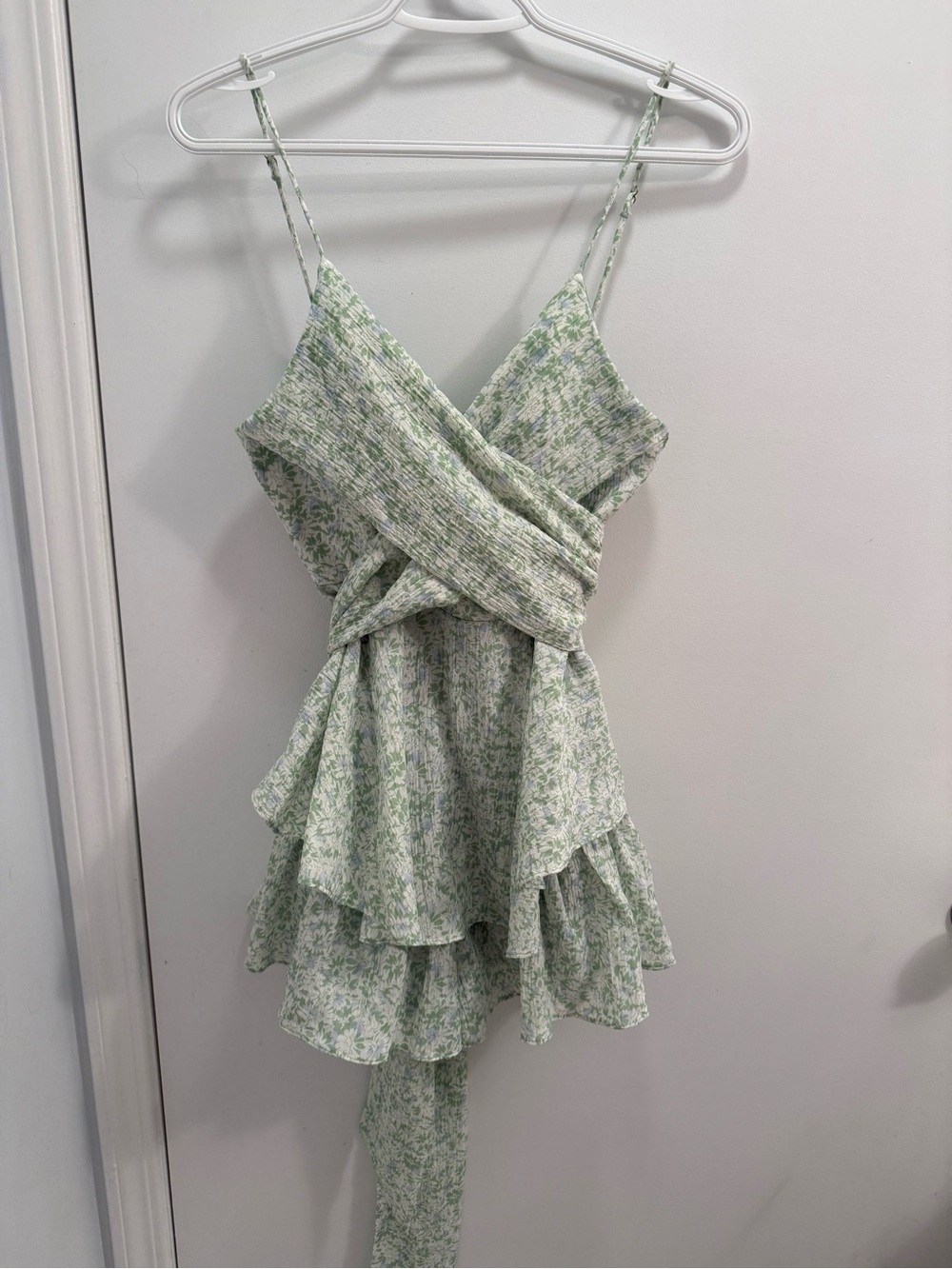 Floral Wrap Mini Romper with Ruffle Skirt - Light Green